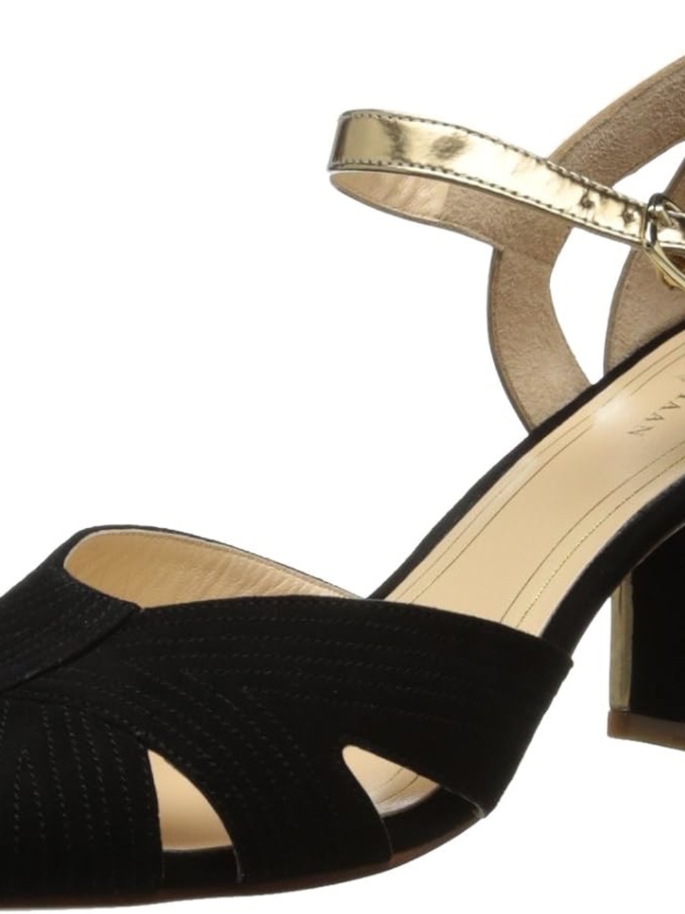 Cole Haan Black Suede Block Heel Sandals with Gold Ankle Strap